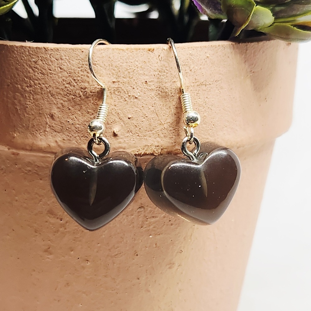 Handmade Black Jelly Translucent‎ Heart Dangle Drop Earrings 1-1/2" New Casual